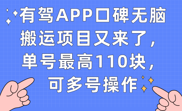 有驾APP口碑无脑搬运项目又来了，单号最高110块，可多号操作-网创社区