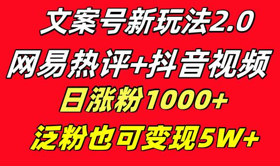 文案号新玩法 网易热评+抖音文案 一天涨粉1000+ 多种变现模式 泛粉也可变现-网创社区