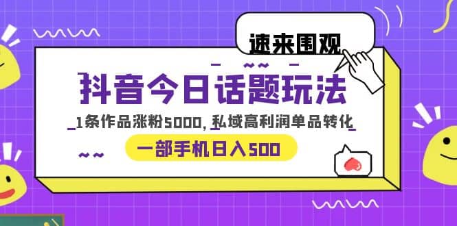 抖音今日话题玩法，1条作品涨粉5000，私域高利润单品转化 一部手机日入500-网创社区