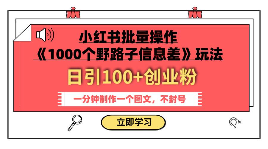 小红书批量操作《1000个野路子信息差》玩法 日引100+创业粉 一分钟一个图文-网创社区