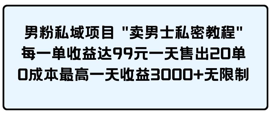 男粉私域项目 卖男士私密教程 每一单收益达99元一天售出20单-网创社区