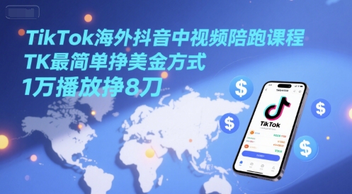 TikTok海外抖音中视频陪跑课程，TK最简单挣美金方式，1万播放挣8刀-网创社区