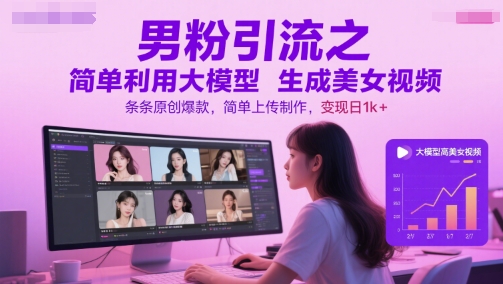 男粉引流之简单利用大模型生成美女视频，条条原创爆款，简单上传制作，变现日1k+-网创社区