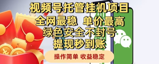 视频号托管挂G项目全网最稳，单价最高，绿色安全不封号提现秒到账，操作简单，收益稳定【揭秘】-网创社区